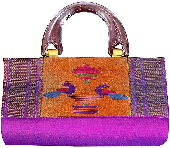 Purple Paithani Handbag with Hand-woven Peacocks