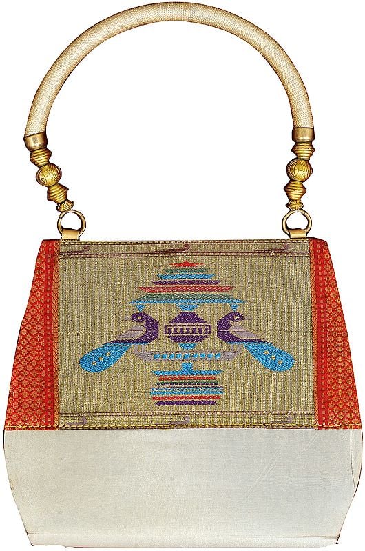 Ivory Paithani Handbag with Hand-woven Peacocks and Brocade Weave