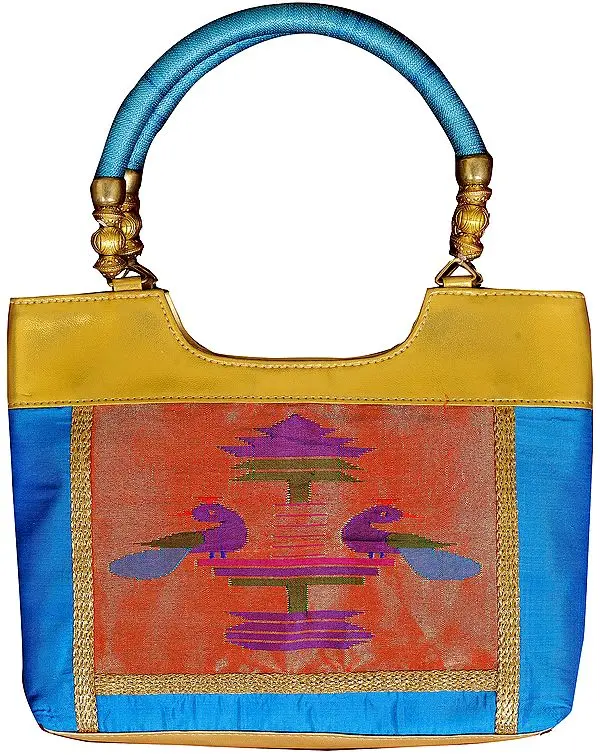 Turquoise Paithani Handbag with Hand-woven Peacocks
