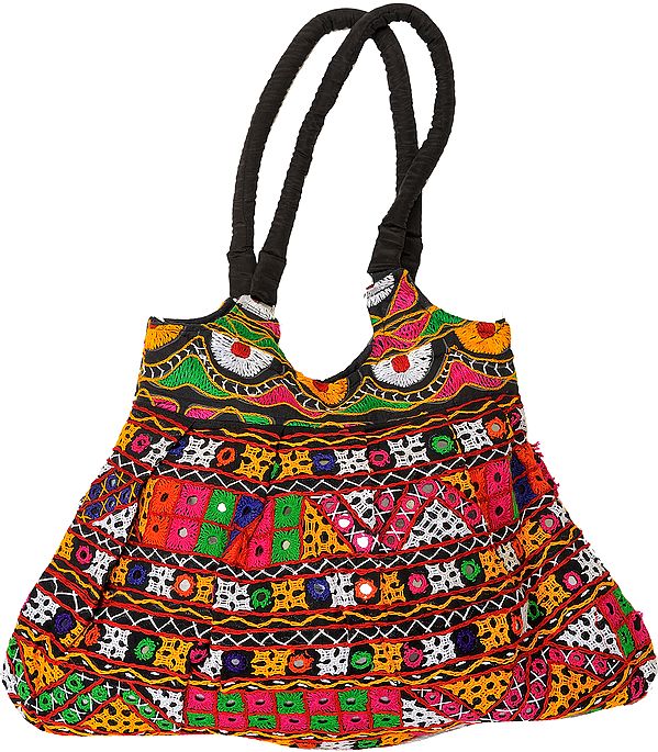 Multi-Color Embroidered Jhola Bag from Kutch with Mirrors