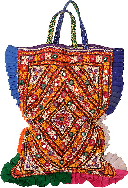 Multi-Color Antiquated Rabari-Emroidered Shopper Bag from Kutch with Mirrors