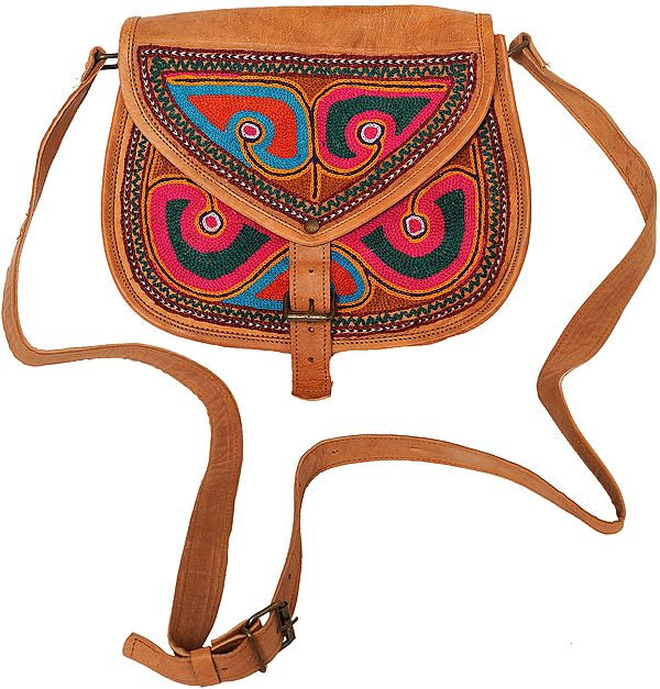 Fawn Leather Handbag from Jodhpur with Aari Embroidery by Hand