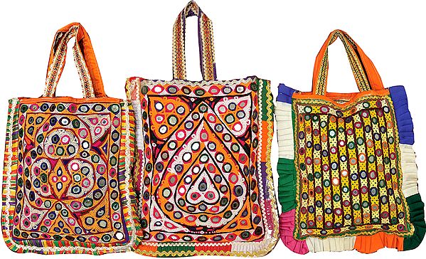 Lot of Three Antiquated Shopper Bags from Kutch with Rabari Embroidery and Mirrors