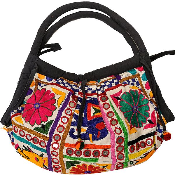 Shopper Bag from Kutch with Embroidered Flowers and Mirrors