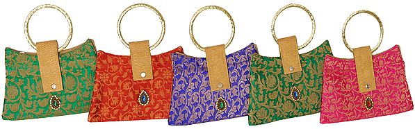 Lot of Five Brocaded Handbags from Gujarat