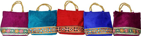 Lot of Five Velvet Handbags with Embroidered Patch and Beaded Handles