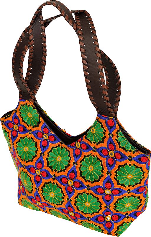 Multicolor Handbag from Jaipur with Embroidered Flowers and Mirrors