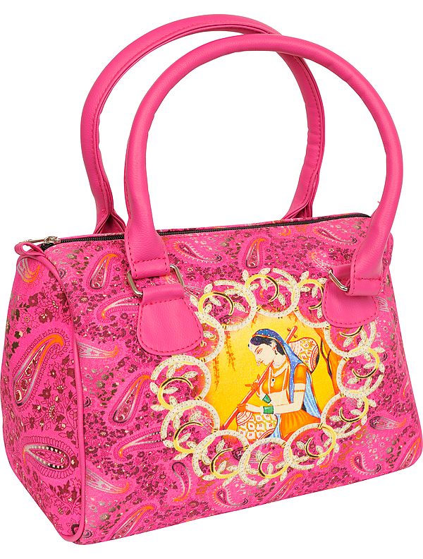 Carmine-Rose Tote Bag from Jaipur with Digital-Printed Mirabai