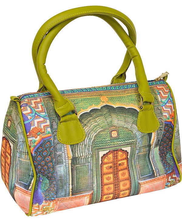 Leaf-Green Handbag from Jaipur with Digital Printed Haveli