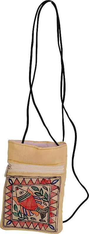 Cream Mobile Bag with Madhubani Hand-Painted Fish