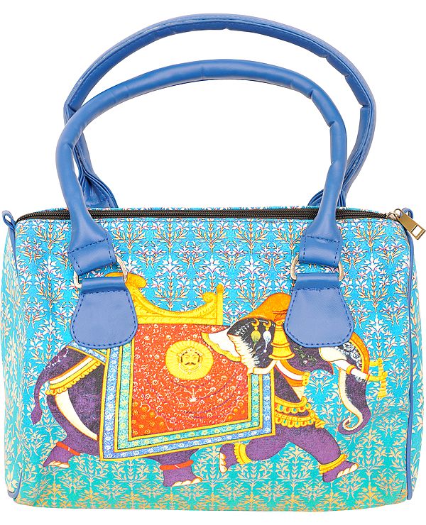 Cyan-Blue Tote Bag from Jaipur with Digital-Printed Royal Elephant