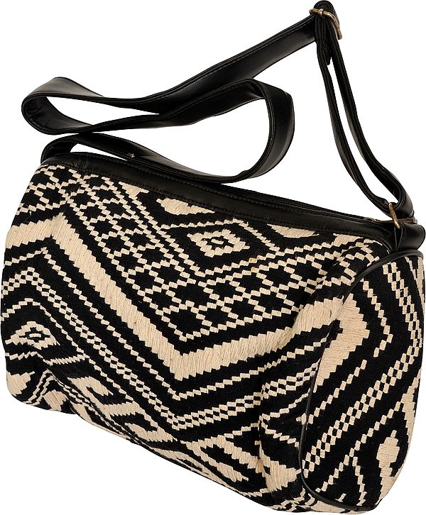 Black and White Wool-Embroidered Handbag with Adjustable Strap