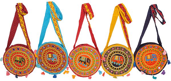 Lot of Five Circular Shoulder Bags from Kutch with Embroidered Elephant and Mirrors