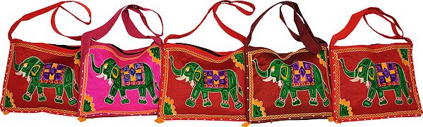 Lot of Five Shoulder Bags with Wool-Embroidered Elephant
