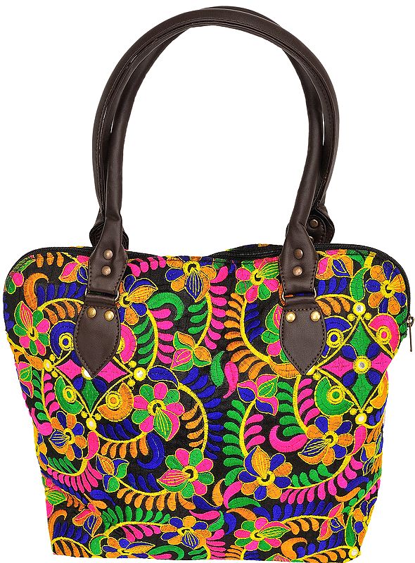 Multicolor Floral-Embroidered Handbag from Rajasthan