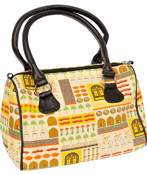 Cream and Black Tote Bag from Jaipur with Digital-Print