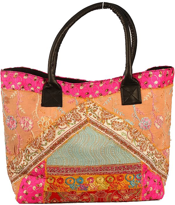 Multicolor Floral-Embroidered Large Shopper Bag from Kutch with Patchwork