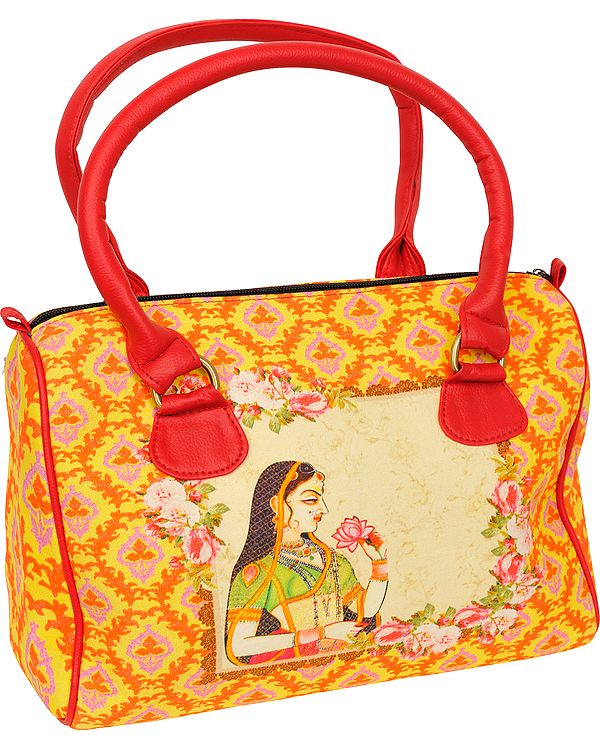 Yellow and Red Tote Bag from Jaipur with Digital-Printed Ragini