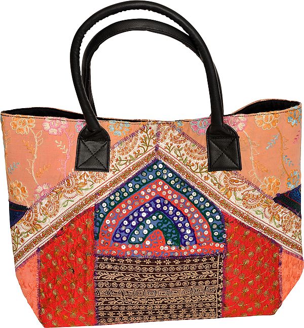 Multicolor Large Shopper Bag from Kutch with Embroidered Patchwork and Sequins