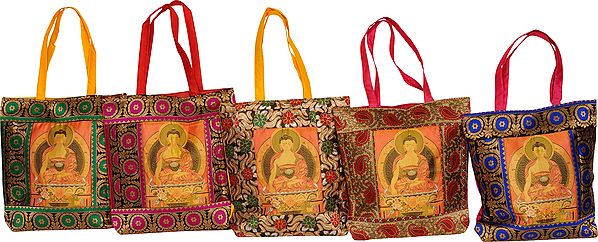 Lot of Five Brocaded Shopper Bags from Banaras with Buddha in Bhumisparsha Mudra