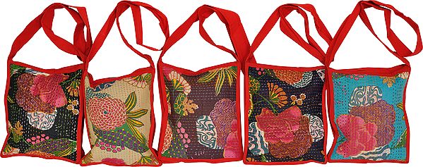 Lot of Five Sling Bags from Jodhpur with Floral Print and Kantha Straight Stitch