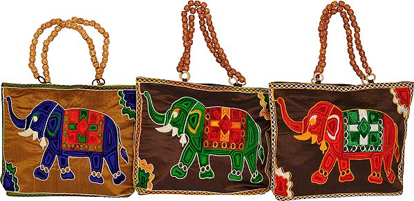 Lot of Three Handbags with Wool-Embroidered Elephant and Beaded Handles