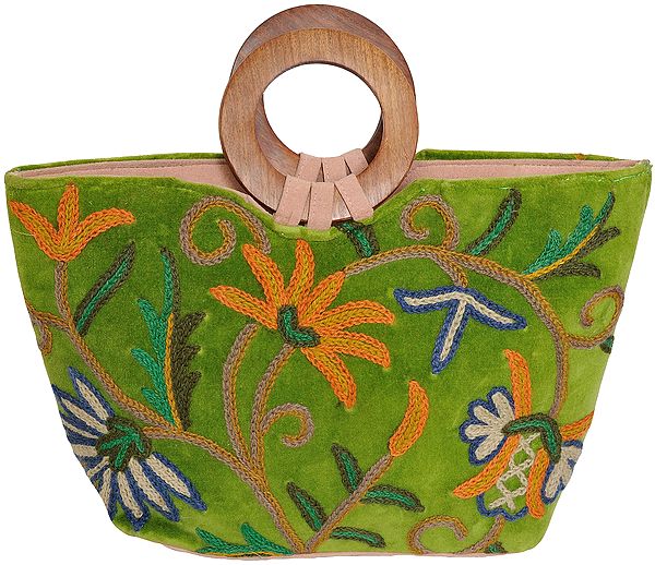 Fluorite-Green Handbag from Kashmir with Aari-Embroidery