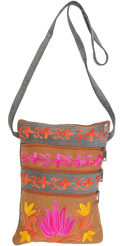 Gray and Taupe Shoulder Bag from Kashmir with Aari Embroidery