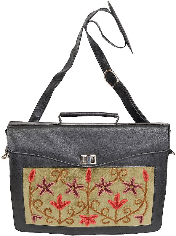 Black Briefcase from Kashmir with Aari Embroidery