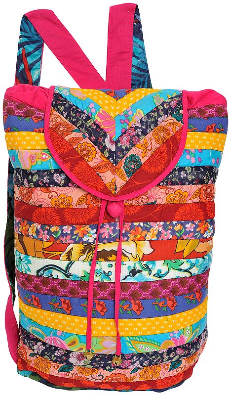 Multicolor Floral Printed Backpack with Patchwork