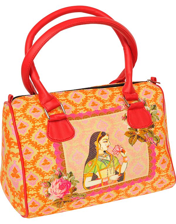 Orange Tote Bag from Jaipur with Digital-Printed Ragini