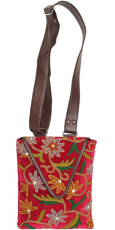 Raspberry-Wine Shoulder Bag from Kashmir with Floral Embroidery