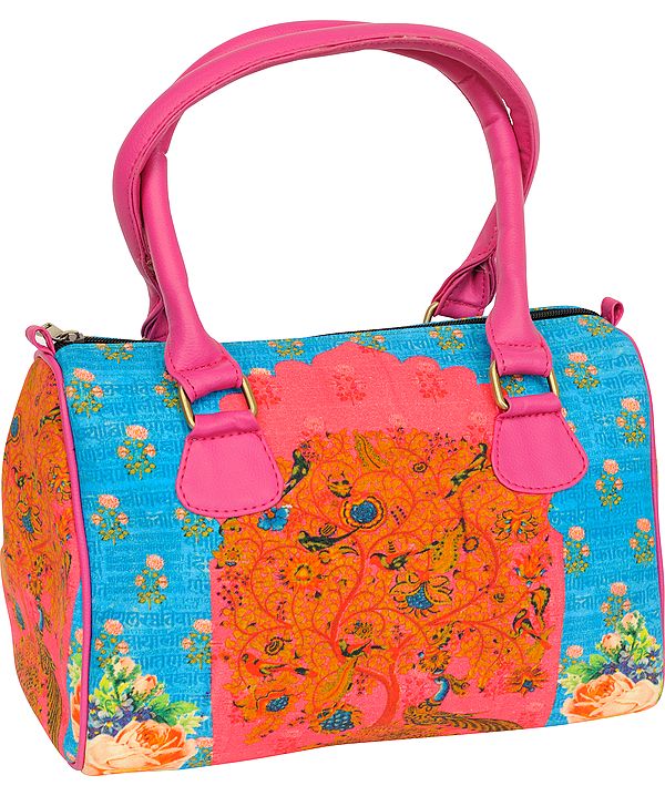 Pink and Blue Tote Bag from Jaipur with Digital-Printed Peacocks
