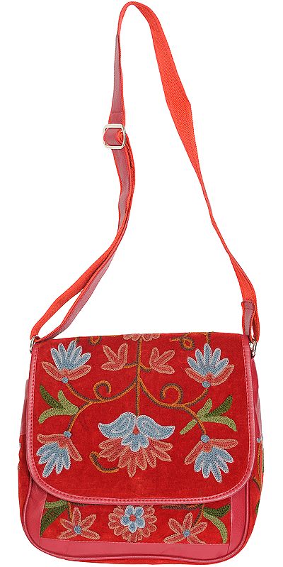 Garnet-Red Handbag from Kashmir with Aari Embroidered Flowers