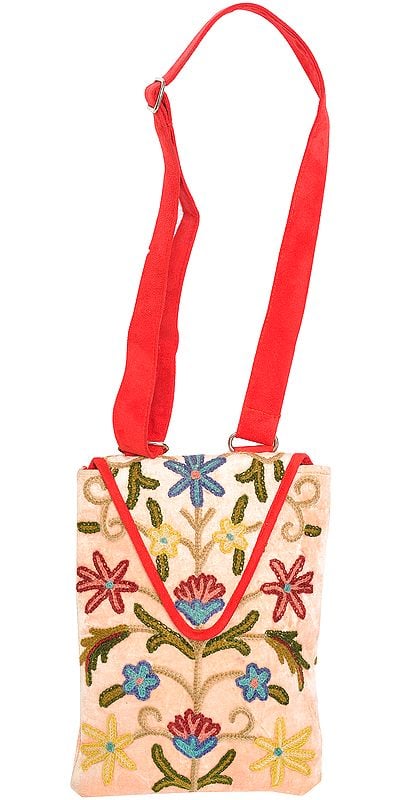 Cream and Red Handbag with Aari-Embroidery by Hand