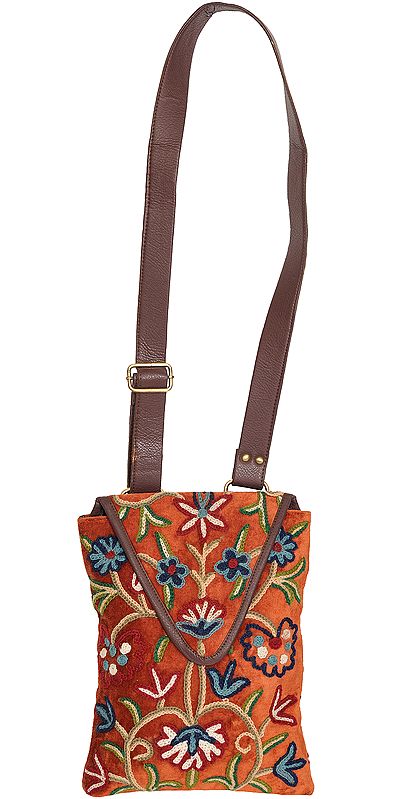 Copper-Brown Floral Embroidered Shoulders Bag from Kashmir with Leather Strap