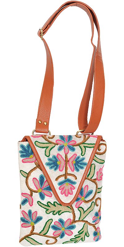 White and Brown Floral Embroidered Shoulders Bag from Kashmir with Leather Strap