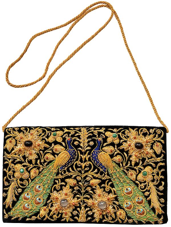Jet-Black Clutch Bag from Kashmir with Zardozi-Embroidered Peacock Pair and Faux Gemstone