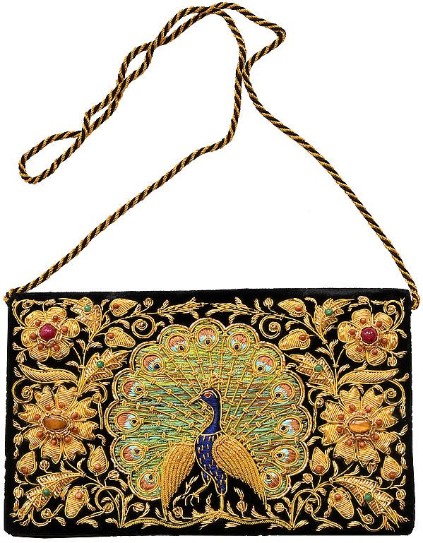 Jet-Black Peacock Clutch Bag with Zardozi-Embroidery and Faux Gemstone
