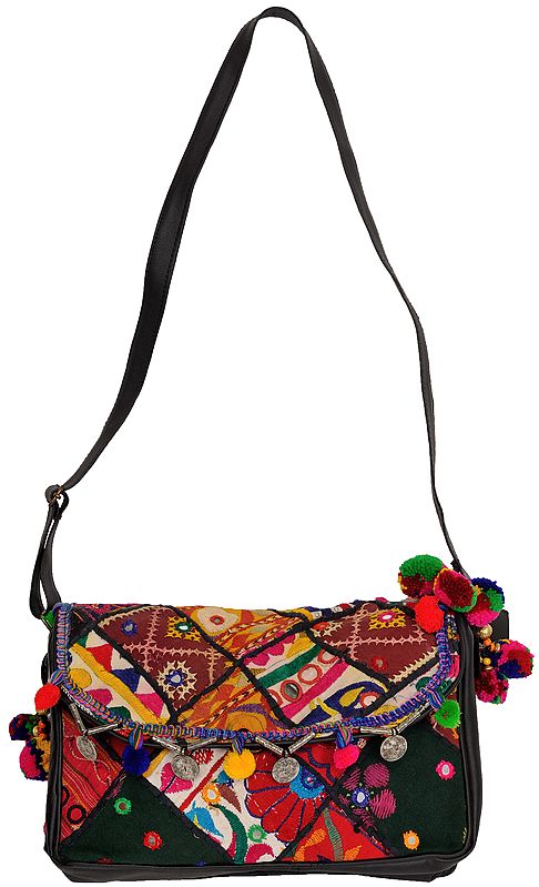 Black Shoulder Bag with Embroidered Patch-work and Mirrors