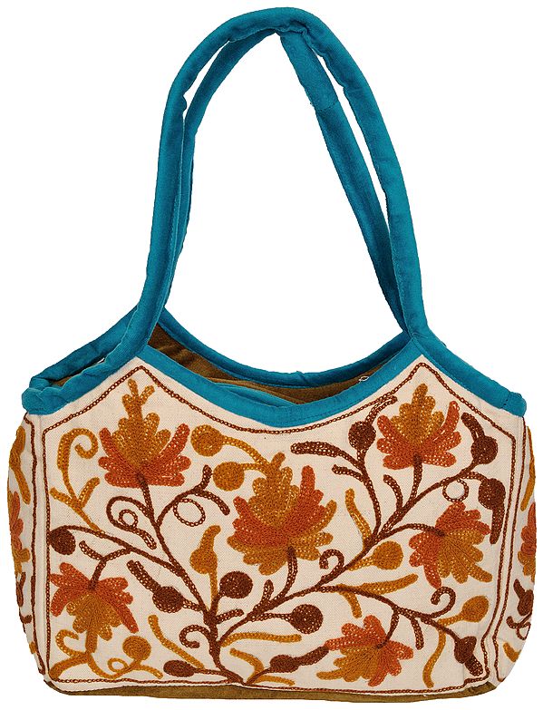 Ivory Shopper Bag from Kashmir with Aari Embroidered Flowers