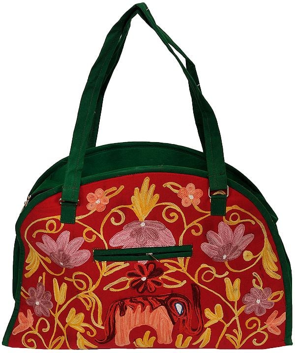 Red and Green Shopper Bag from Kashmir with Aari Floral-Embroidery