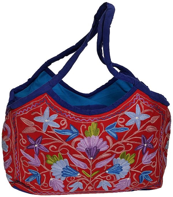 Red and Blue Shopper Bag from Kashmir with Aari Embroidered Flowers