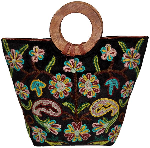 Ari-Embroidered Handbag from Kashmir with Wood Handles