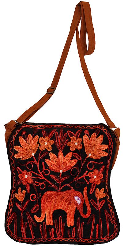 Black and Brown Flapped Handbag from Kashmir with Aari-Embroidery