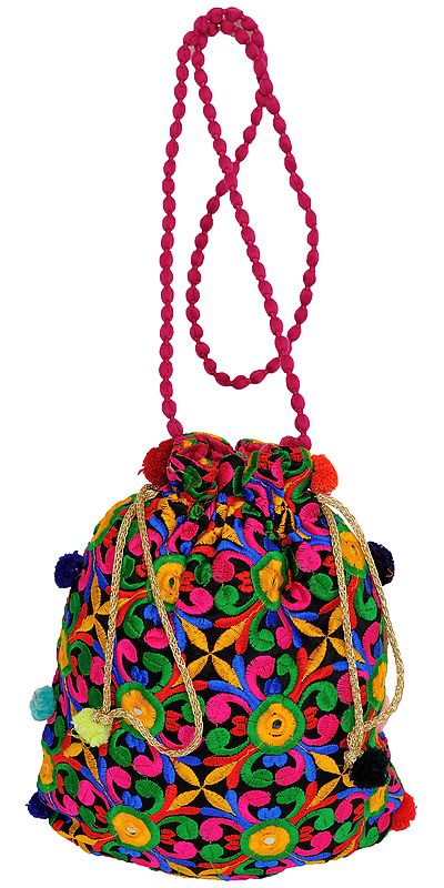 Multicolored Floral-Embroidered Drawstring Potli Bag