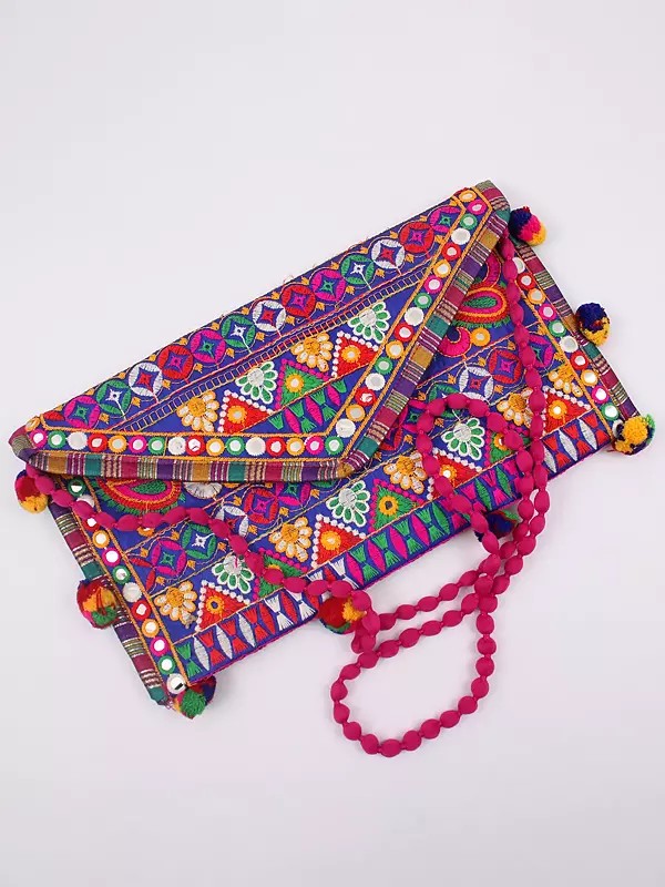 Clutch Bag with Thread Embroidery All-Over and Mirrors