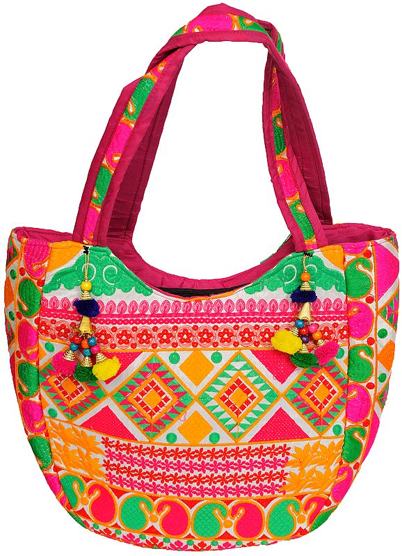 Multicolored Shopper Bag from Gujarat with Thread-Embroidery All-Over