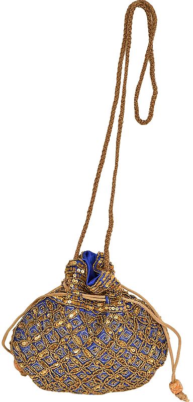 Designer Drawstring Potli Bag with Embroidered-Beads and Sequins