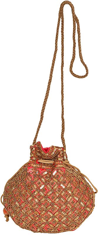 Designer Drawstring Potli Bag with Embroidered-Beads and Sequins